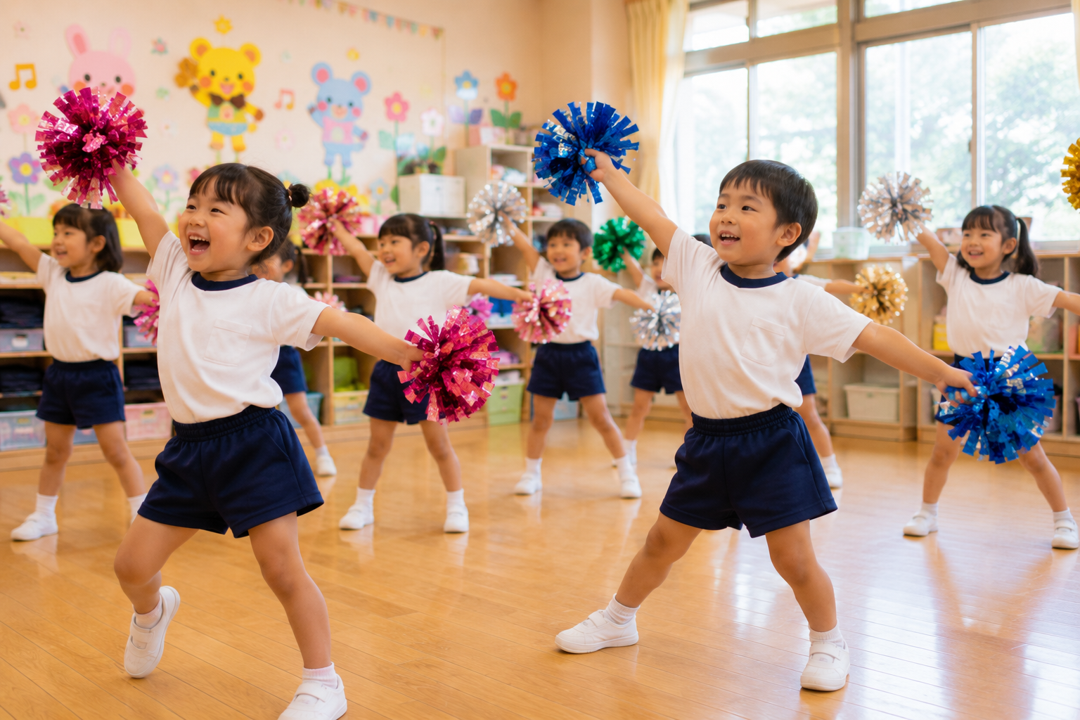 ポンポンを持って踊る子どもたち